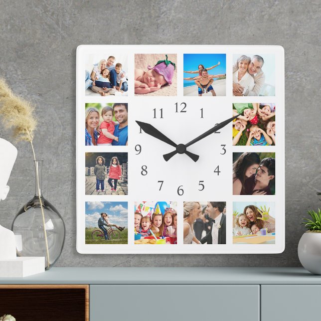 Custom Family Photo Collage Personalised White Square Wall Clock (Creator Uploaded)