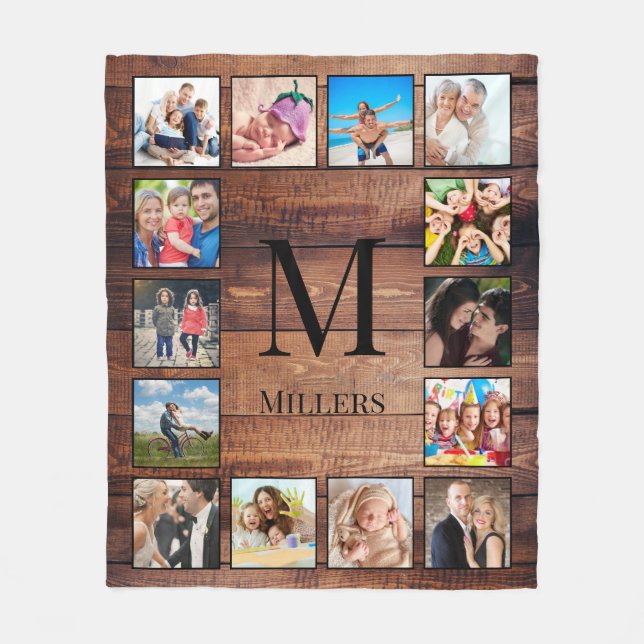 Custom Family Photo Collage Reclaimed Wood Fleece Blanket (Front)