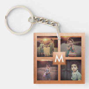 Custom Family Photo Collage Rose Gold Monogram Key Ring