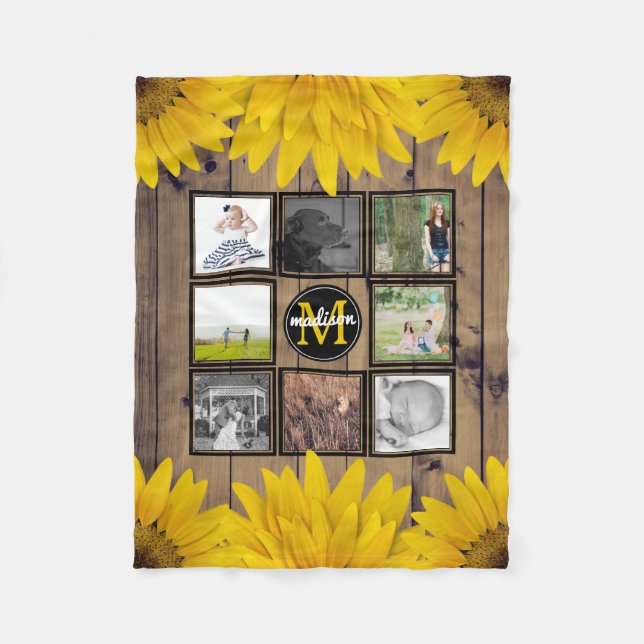 Custom Family Photo Collage Rustic Sunflowers Wood Fleece Blanket (Front)