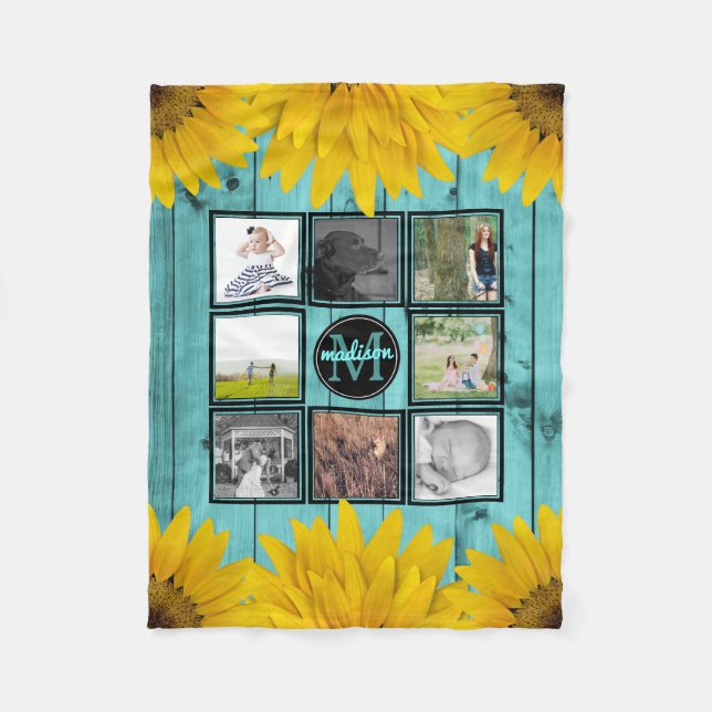 Custom Family Photo Collage Rustic Teal Yellow Fleece Blanket (Front)