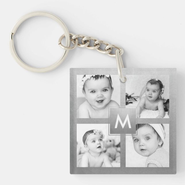 Custom Family Photo Collage Silver Monogram Key Ring (Front)
