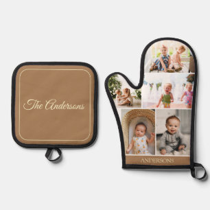 Custom Family Photo Collage Simple Brown Oven Mitt & Pot Holder Set