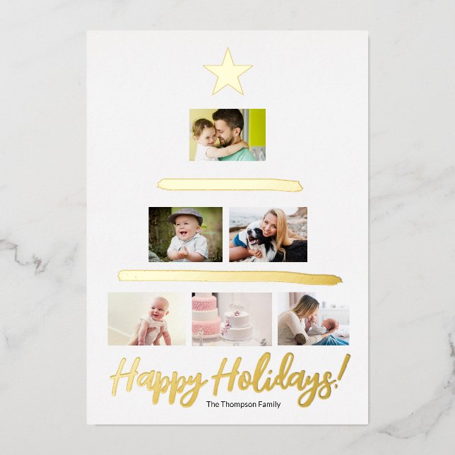 Custom family Photo Collage Tree Star Foil Holiday Card (Front)
