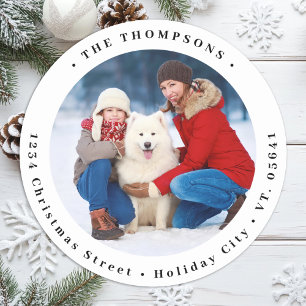 Custom Family Photo Dog Christmas Return Address Classic Round Sticker
