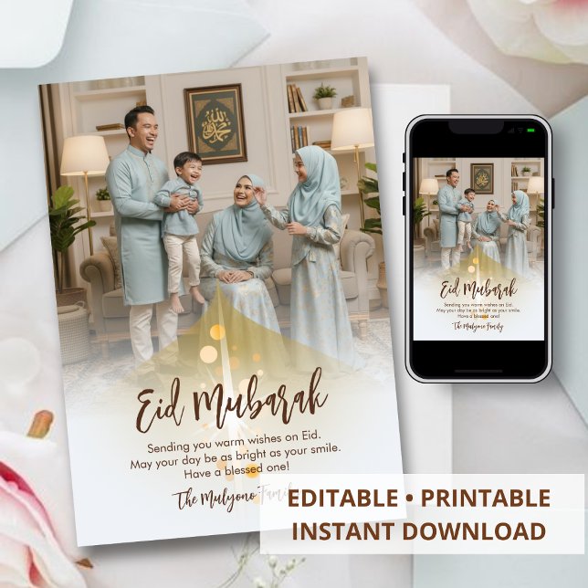 Custom Family Photo Eid Mubarak Elegant Greeting Holiday Card (Creator Uploaded)
