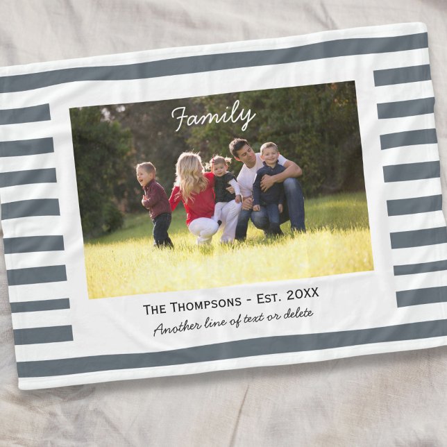 Custom Family Photo Est. Grey & White Stripes Fleece Blanket (Creator Uploaded)