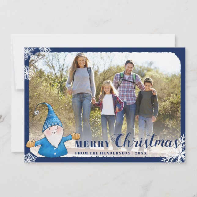 Custom Family Photo Gnome Blue Merry Christmas Holiday Card (Front)