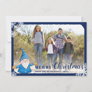 Custom Family Photo Gnome Blue Merry Christmas Holiday Card
