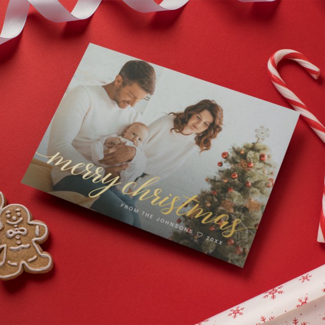 Custom Family Photo Gold Foil Merry Christmas Foil Holiday Card (Real gold foil family photos Merry Christmas flat card.)