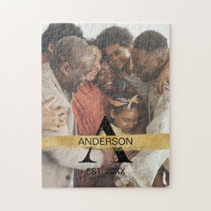 Custom Family Photo Gold Monogram Name Personalize Jigsaw Puzzle