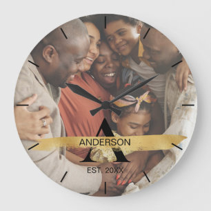 Custom Family Photo Gold Monogram Name Personalize Large Clock