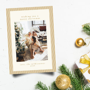 Custom Family Photo Gold Stripe Border Christmas Holiday Card