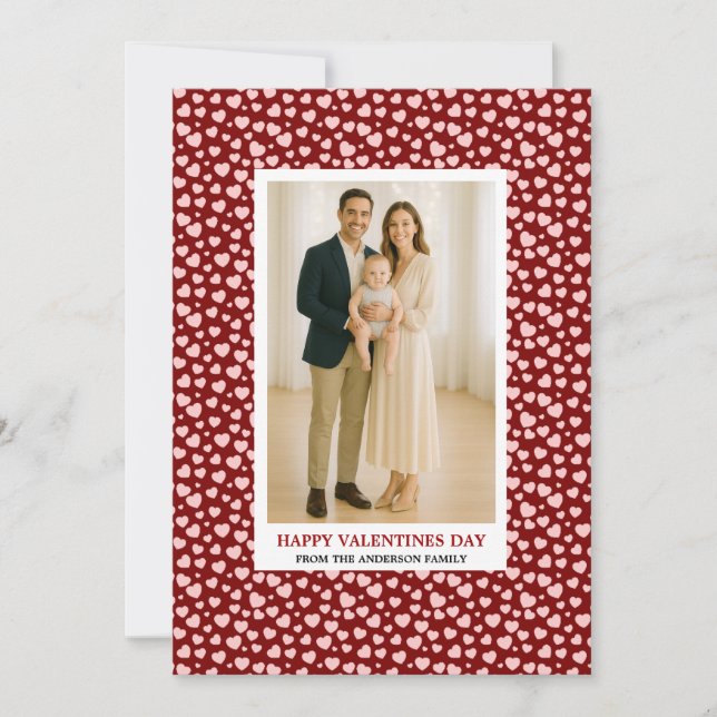 Custom Family Photo Hearts Pattern Valentine's Day Holiday Card (Front)