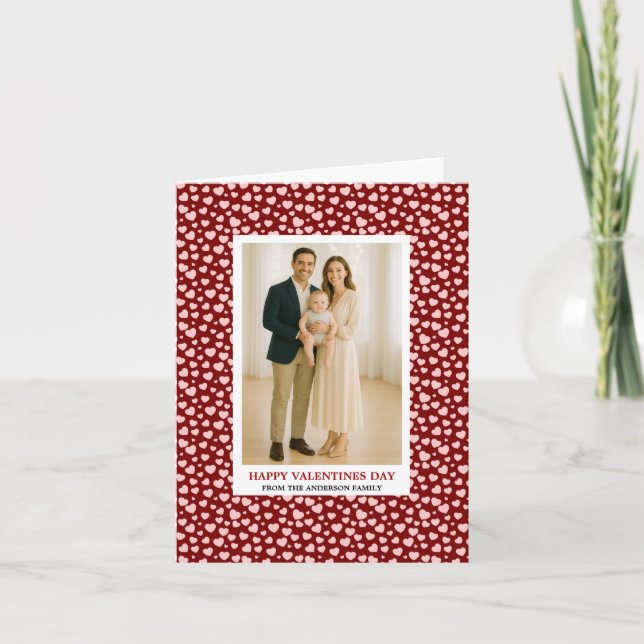 Custom Family Photo Hearts Pattern Valentine's Day Holiday Card (Front)