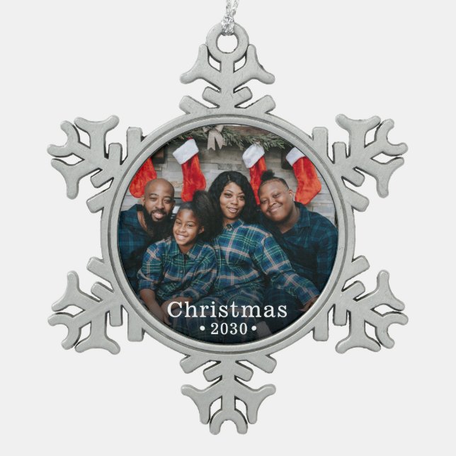 Custom Family Photo Holiday Snowflake Pewter Christmas Ornament (Front)