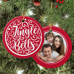 Custom Family Photo Jingle Bells Christmas Red Ceramic Tree Decoration