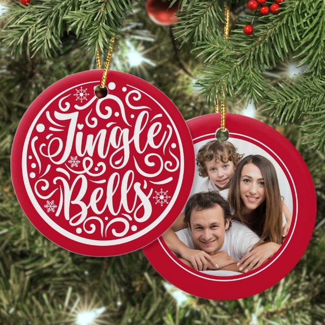 Custom Family Photo Jingle Bells Christmas Red Ceramic Tree Decoration (Creator Uploaded)