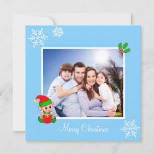 Custom Family Photo & Little Elf on Sky Blue