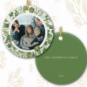 Custom Family Photo Name Christmas Eucalyptus Ceramic Tree Decoration
