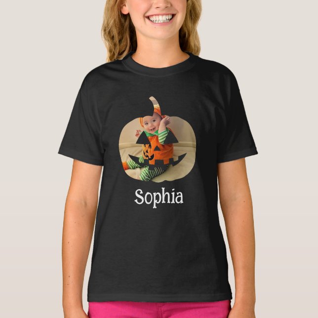 Custom Family Photo Names Pumpkin Halloween Family T-Shirt (Front)