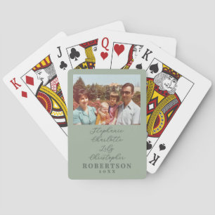 Custom Family Photo Names Year Retro Sage Green Playing Cards