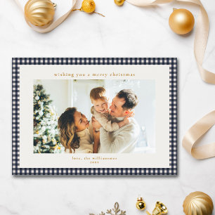 Custom Family Photo Navy Gingham Plaid Christmas Holiday Card