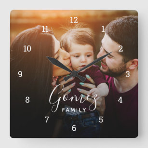 Custom Family Photo Overlay Monogrammed Square Wall Clock
