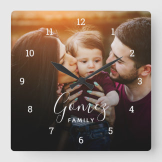 Custom Family Photo Overlay Monogrammed Square Wall Clock
