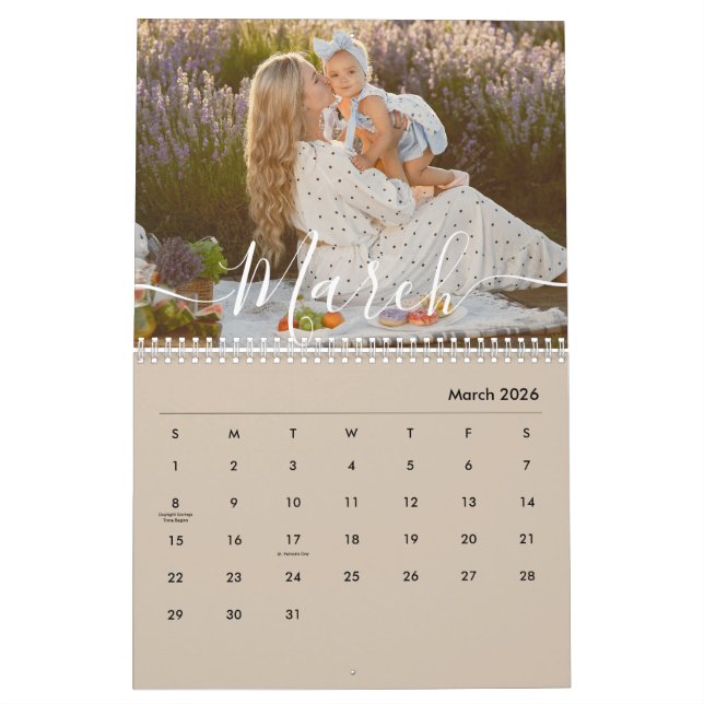 Custom Family Photo | Personalized Beige Taupe  Calendar (Mar 2026)