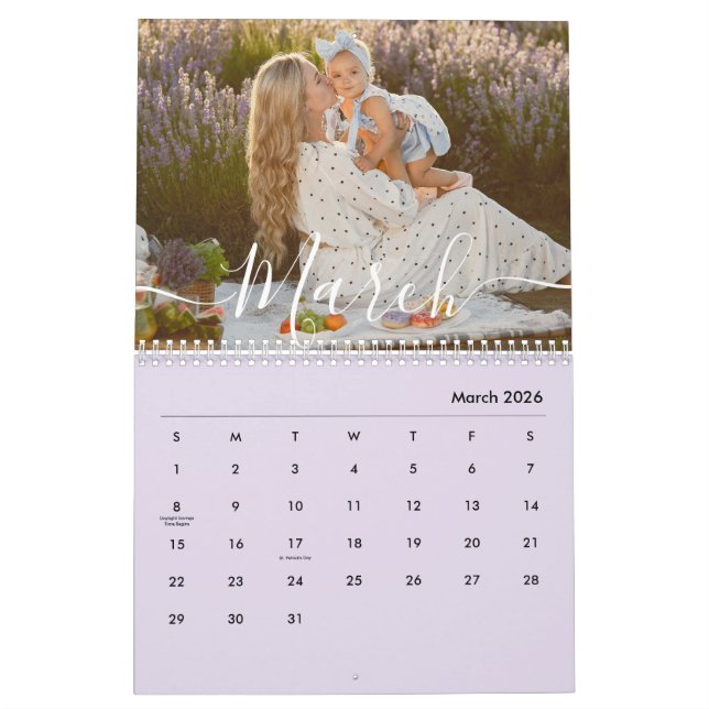 Custom Family Photo | Personalized Soft Lavender Calendar (Mar 2026)