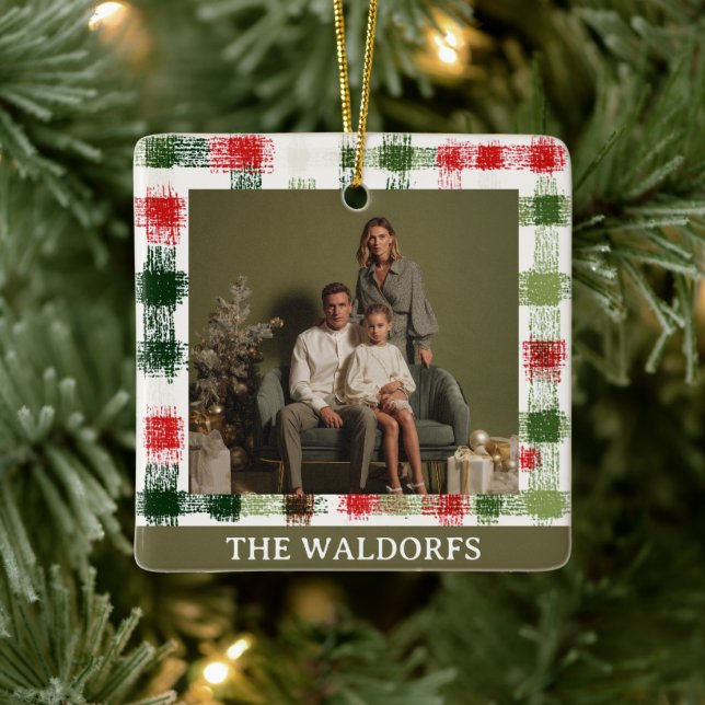 Custom Family Photo Red and Green Plaid Ornament (Tree)