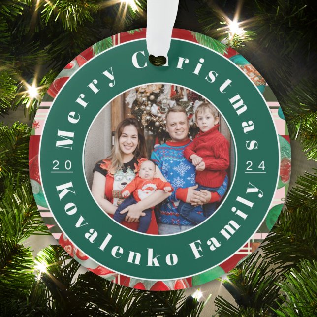 Custom Family Photo Red Green Plaid Holiday Ornament (Creator Uploaded)