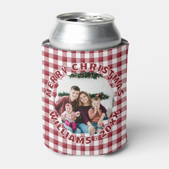 Custom Family Photo Red Plaid Christmas Can Cooler (Can Front)