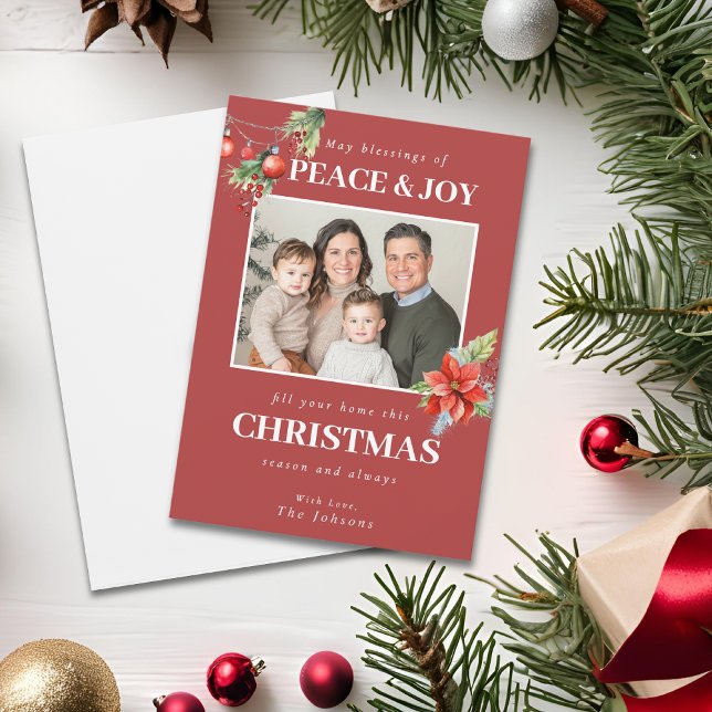 Custom Family Photo Red Poinsettia Christmas Holiday Card (Creator Uploaded)