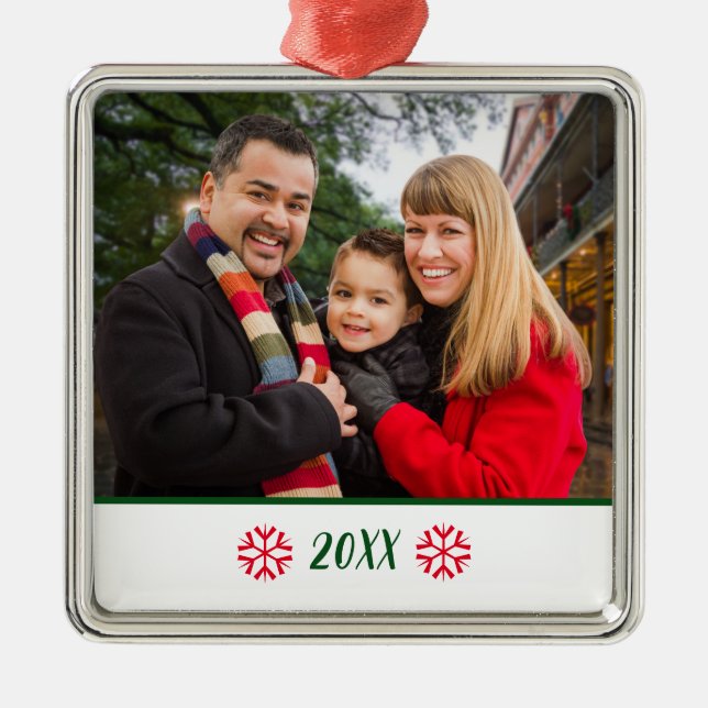 Custom Family Photo Red Snowflake Christmas Metal Tree Decoration (Front)