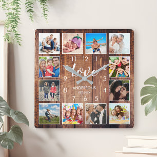 Custom Family Photo Rustic Farmhouse Love Script Square Wall Clock