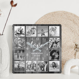 Custom Family Photo Rustic Farmhouse Love Script Square Wall Clock