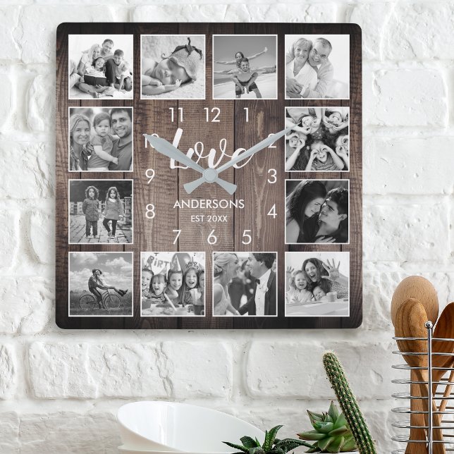 Custom Family Photo Rustic Farmhouse Love Script Square Wall Clock (Creator Uploaded)