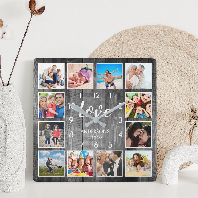Custom Family Photo Rustic Farmhouse Love Script Square Wall Clock (Creator Uploaded)
