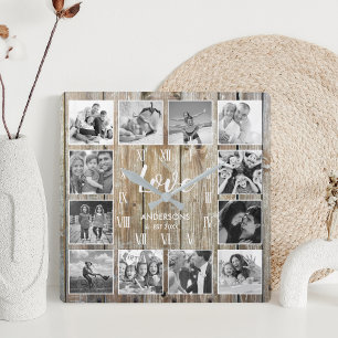 Custom Family Photo Rustic Farmhouse Love Script Square Wall Clock