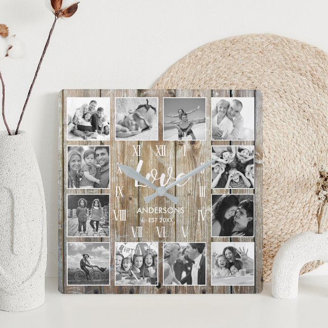 Custom Family Photo Rustic Farmhouse Love Script Square Wall Clock (Creator Uploaded)