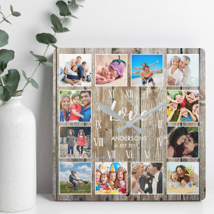Custom Family Photo Rustic Farmhouse Love Script Square Wall Clock