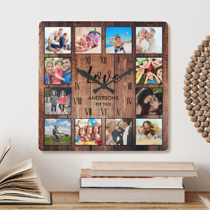 Custom Family Photo Rustic Farmhouse Love Script Square Wall Clock