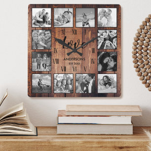 Custom Family Photo Rustic Farmhouse Love Script Square Wall Clock