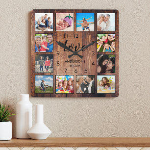 Custom Family Photo Rustic Farmhouse Love Script Square Wall Clock
