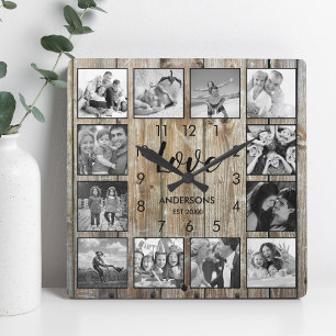 Custom Family Photo Rustic Farmhouse Love Script Square Wall Clock