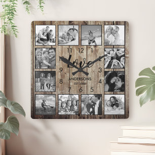 Custom Family Photo Rustic Farmhouse Love Script Square Wall Clock
