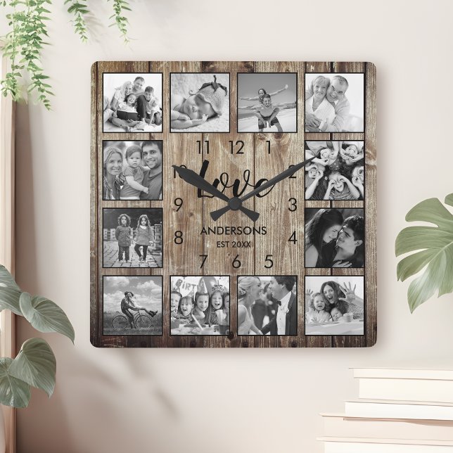 Custom Family Photo Rustic Farmhouse Love Script Square Wall Clock (Creator Uploaded)