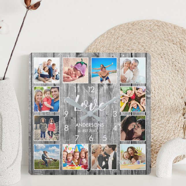 Custom Family Photo Rustic Farmhouse Love Script Square Wall Clock (Creator Uploaded)